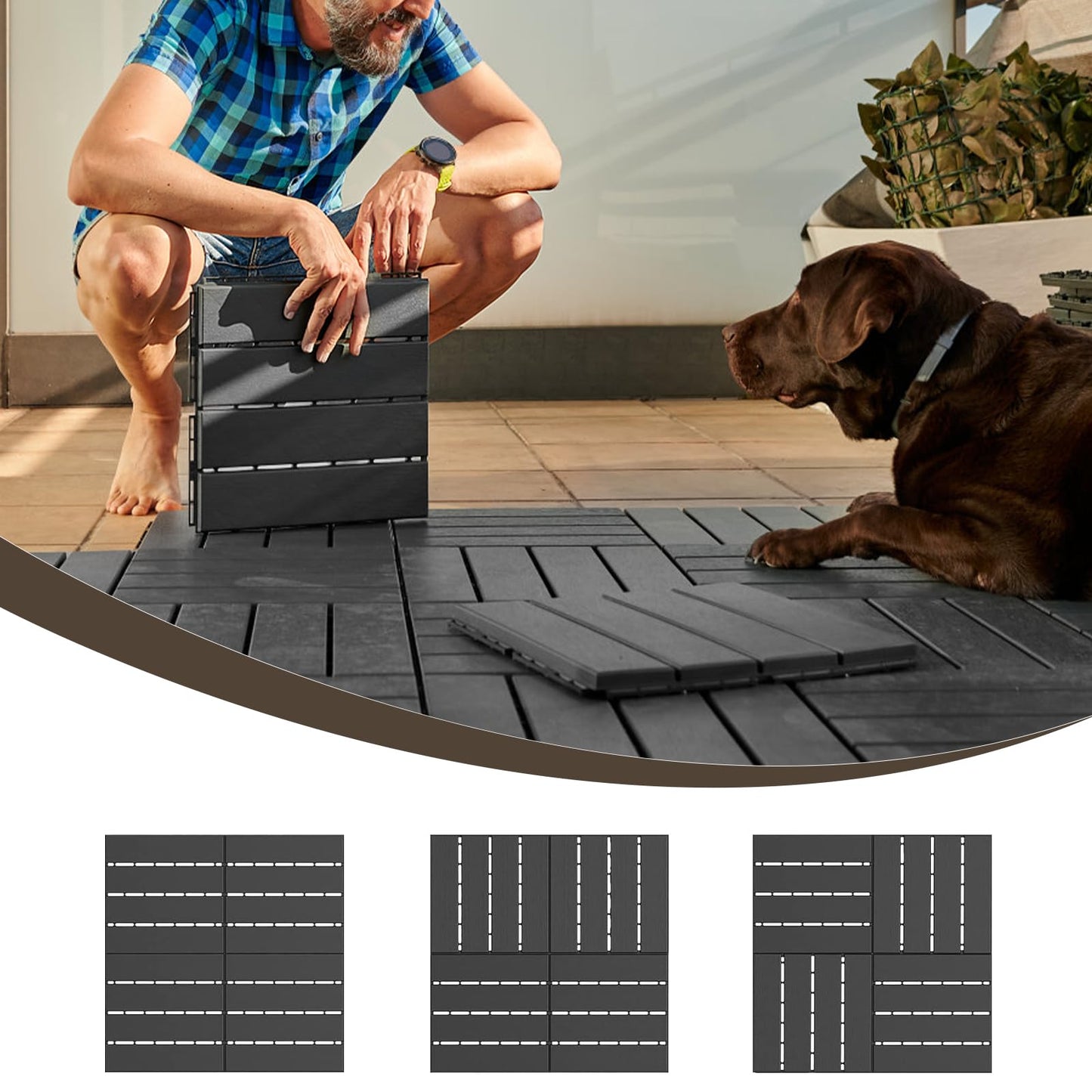 Plastic Interlocking Deck Tiles, 9 PCS 12"x12" Waterproof Patio Tiles Outdoor Flooring for Balcony Backyard Poolside Walkway Front Porch（Dark Grey）