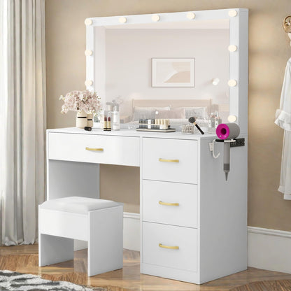 YITAHOME Vanity Desk with Large LED Mirror, 11 Light Bulbs, Power Outlet, 3 Lighting Modes, 4 Drawers, and Cushioned Stool for Bedroom, Dressing Room