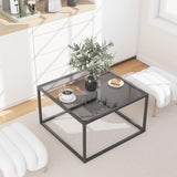 YMYNY Glass Coffee Table, Tempered Glass Square Coffee Tables with Metal Frame, Unique Modern Table for Living Room Home Office 26.77" x 26.77" x 15.75", Black Grey, UHCT001H YMYNY
