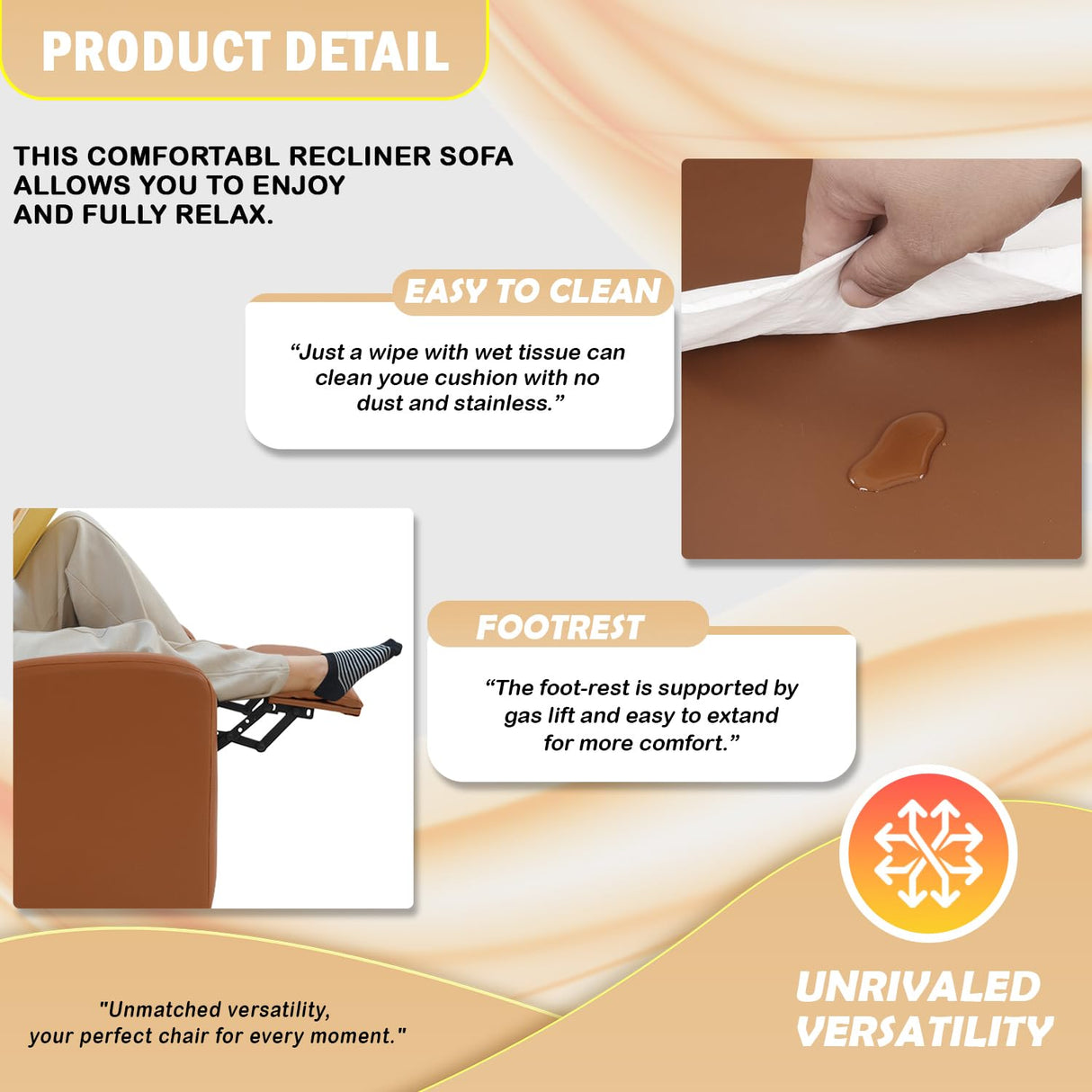 PayLessHere Recliner Chair Single Reclining Sofa Home Theater Seating with Lumbar Support and PU Leather Padded Backrest for Living Room and Bedroom (Tan) PayLessHere