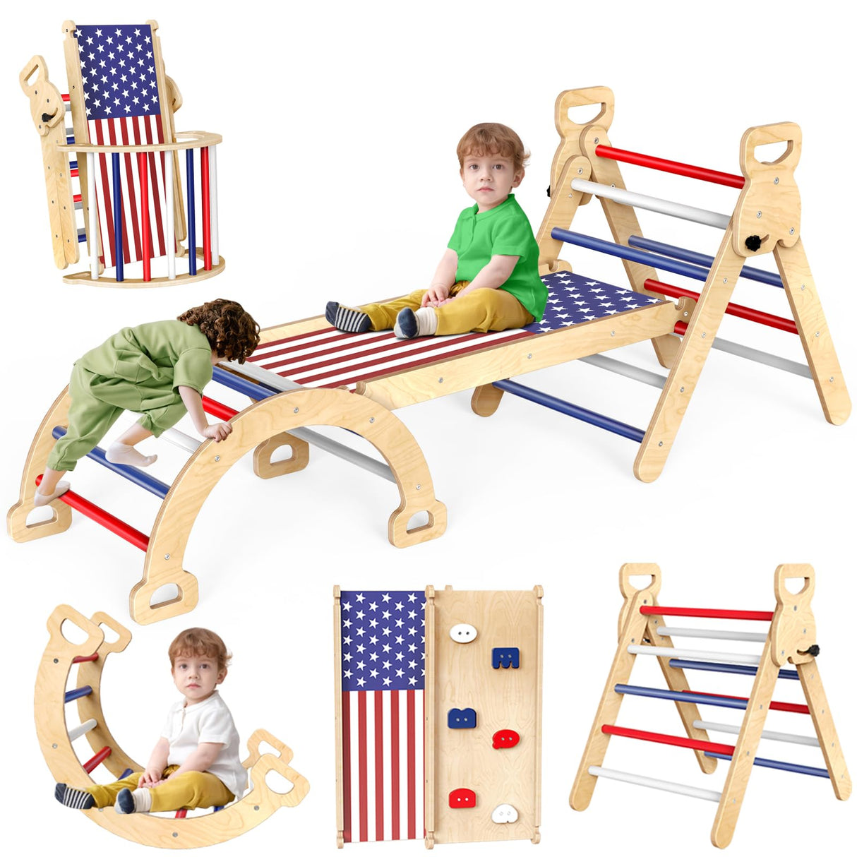 Xickboke Pikler Triangle Set Flag Style, Wooden Montessori Climbing Set,Foldable Pickler-3-Piece Climbing Gym with Triangle Climbing Frame, Arch, Ramp, Indoor Climbing Toys for Children Aged 1-3 Xickboke