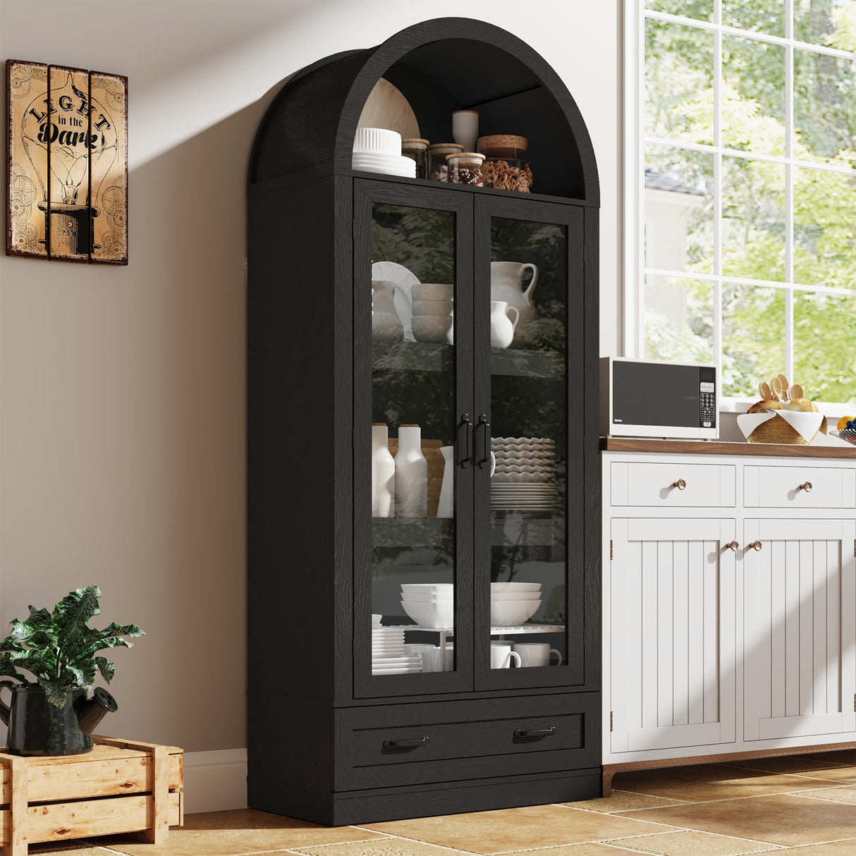 75" Tall Arched Kitchen Pantry Cabinet w Load-Bearing Steel Pipe,Modern Farmhouse Kitchens Storage Cabinet with Drawer and Glass Doors,Tall Arched Bookcase,Pantry Organizer(Woodgrain Black) chartustriable