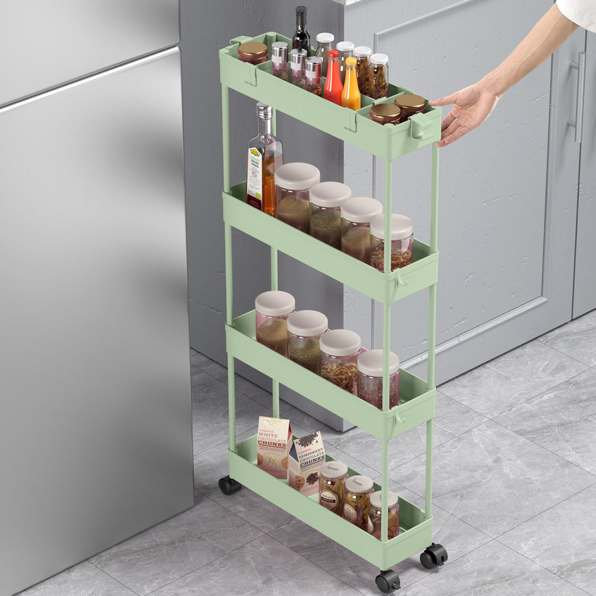 SPACELEAD Slim Storage Cart 4 Tier,Bathroom Organizer Rolling Utility,Mobile Shelving Unit Slide Out for Office, Kitchen, Laundry Room & Narrow Places，Green SPACELEAD