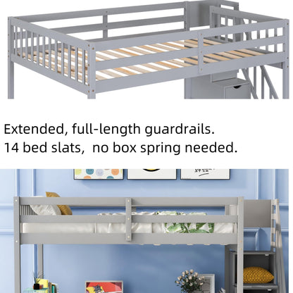 Merax Grey Full Size Loft Bed Frame with Built-in L-Shaped Desk, Storage Stairs, and Shelves for Kids - WoodArtSupply