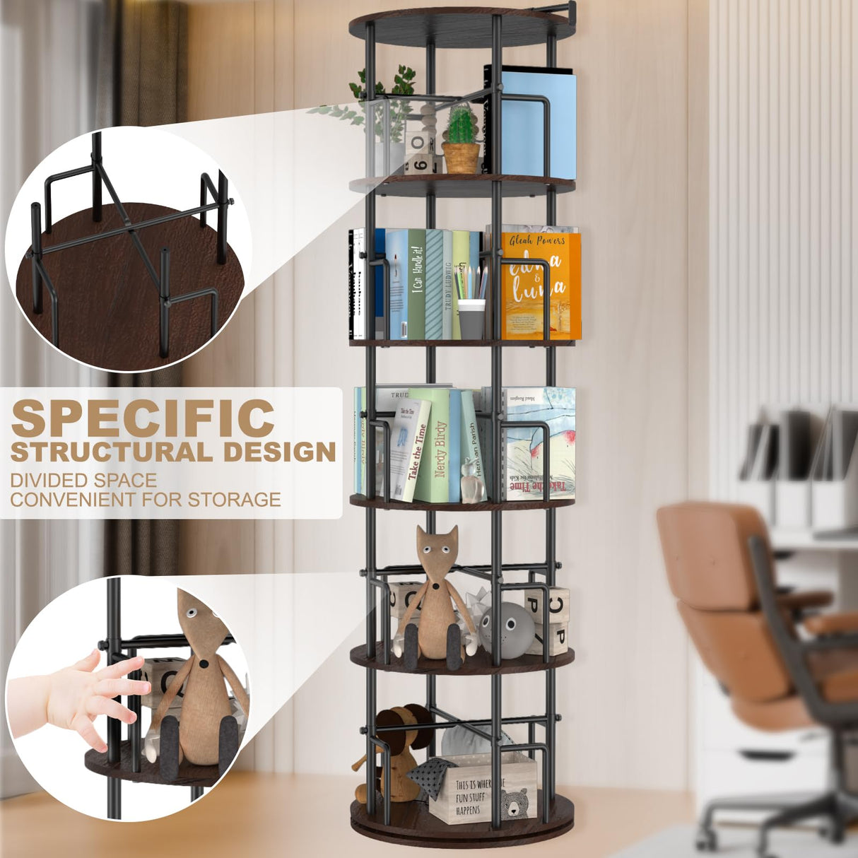 Amzeth Solid Wood Rotating Bookshelf, 5 Tiers, 360 Degree Rotating Bookshelf Tower, Round Floor Standing Rotating Bookcase with Anti-Tipping Design for Small Spaces, Corners, Bedrooms, Etc- Brown Amzeth
