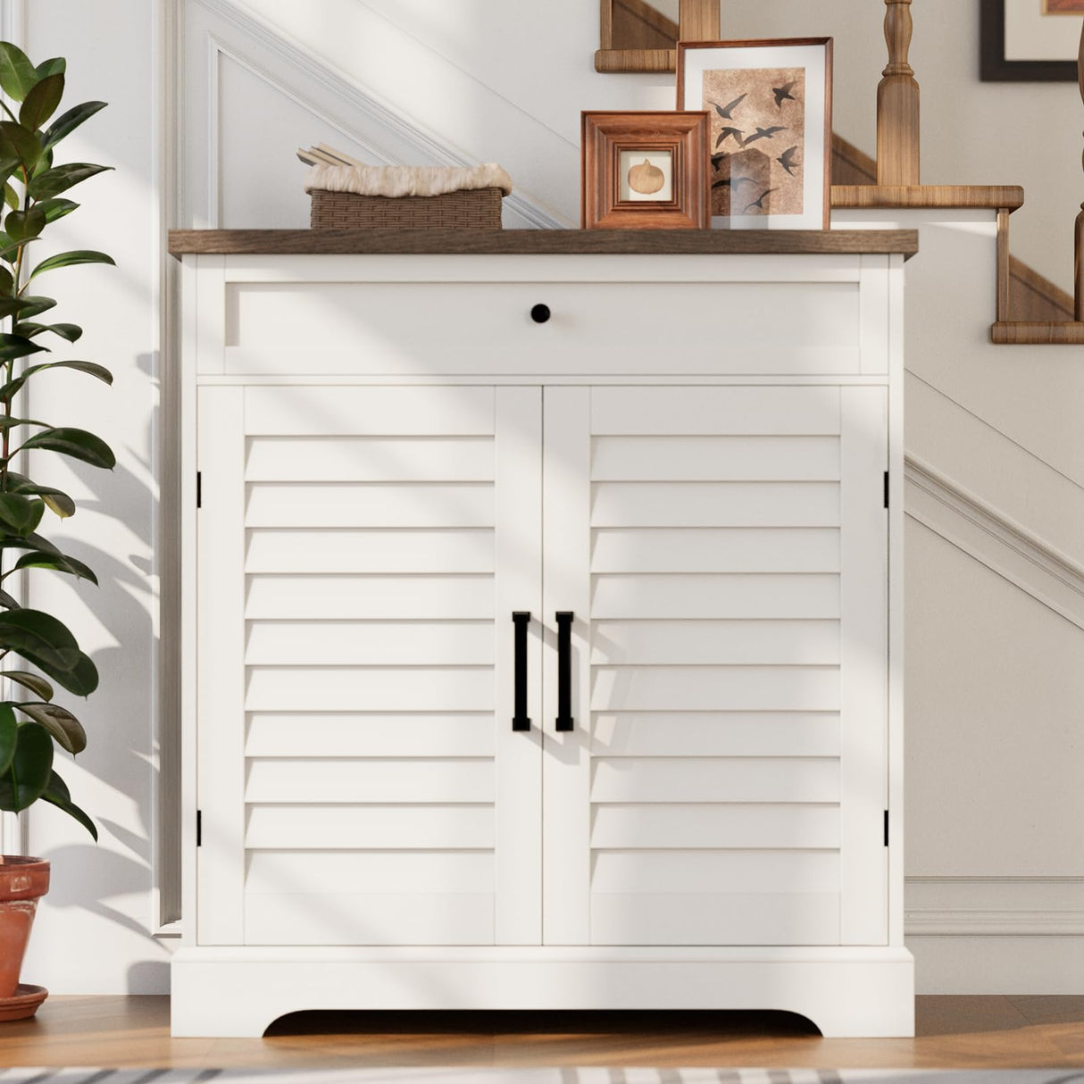 ChooChoo Farmhouse Shoe Cabinet with Doors, 4-Tier Shoe Storage Cabinet with Drawer and Shelves, Wooden Shoe Rack Organizer for Entryway, Hallway, Closet, Soft White & Brown ChooChoo