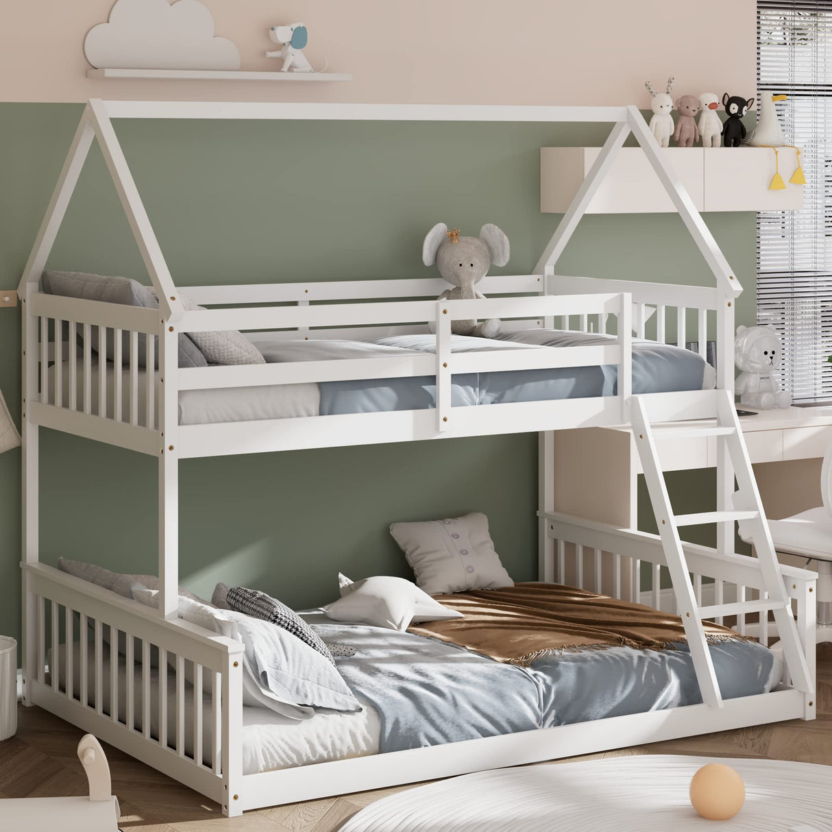 KOMFOTT White Twin Over Full House Bunk Bed with Built-in Ladder and Safety Guardrails KOMFOTT