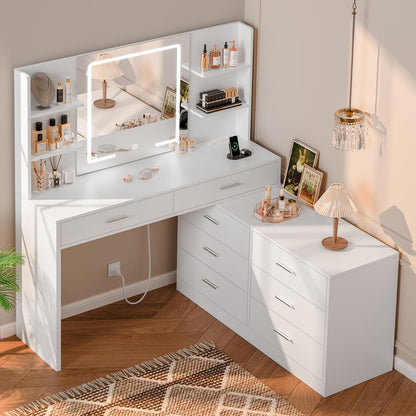 Quimoo 65.9'' Vanity Desk with LED Lighted Mirror & Power Outlet, Modern Corner Makeup Vanity Table with 8 Drawers & Open Shelves, Dressing Table for Bedroom, Makeup Room - WoodArtSupply