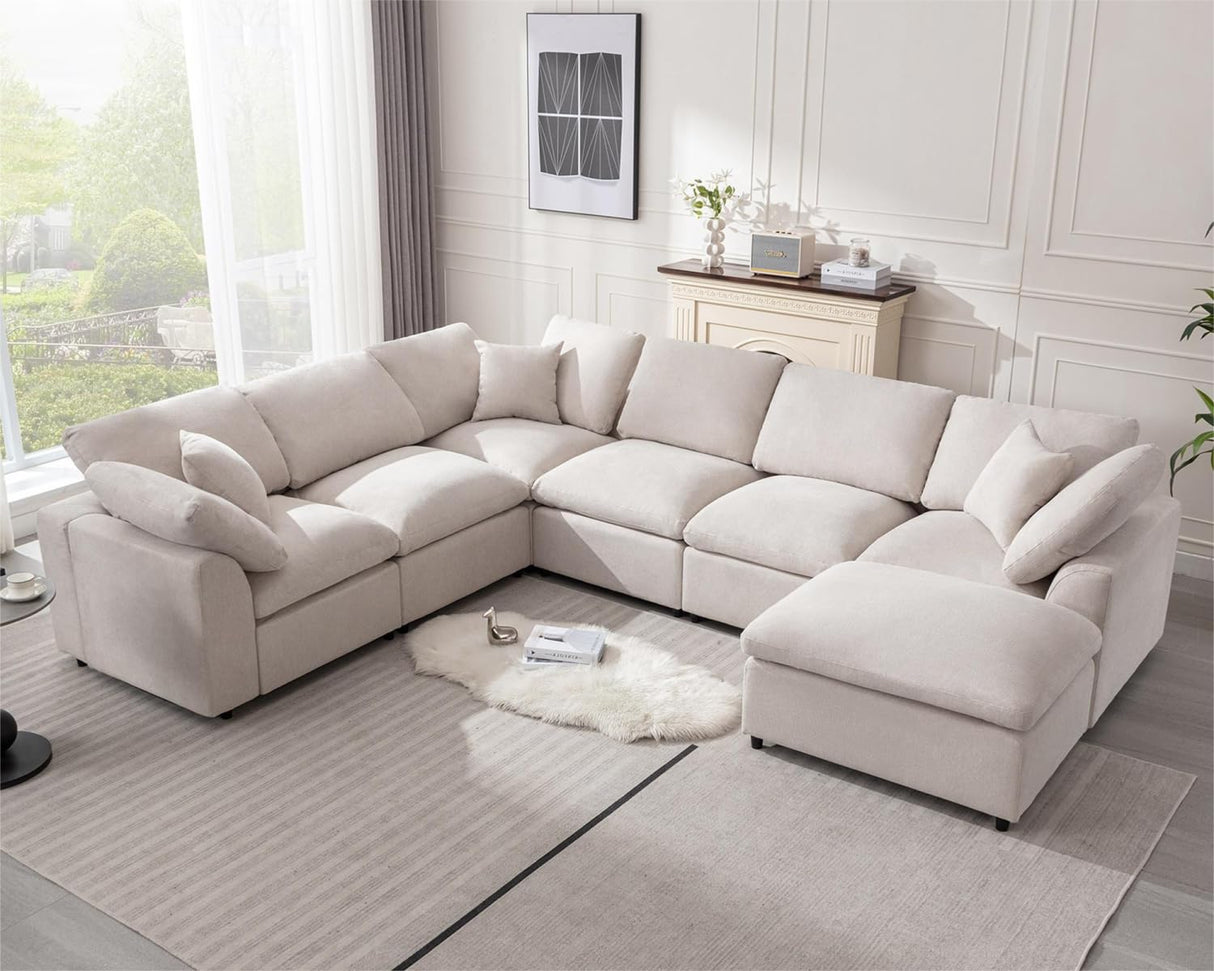 POYISOU Cloud Couches for Living Room, Oversized Modular Sectional Sofa with Ottoman, Large Modern 7 Seater Sofas Comfy Chenille L Shaped Couch for Spacious Space Apartment Lounge, Beige POYISOU