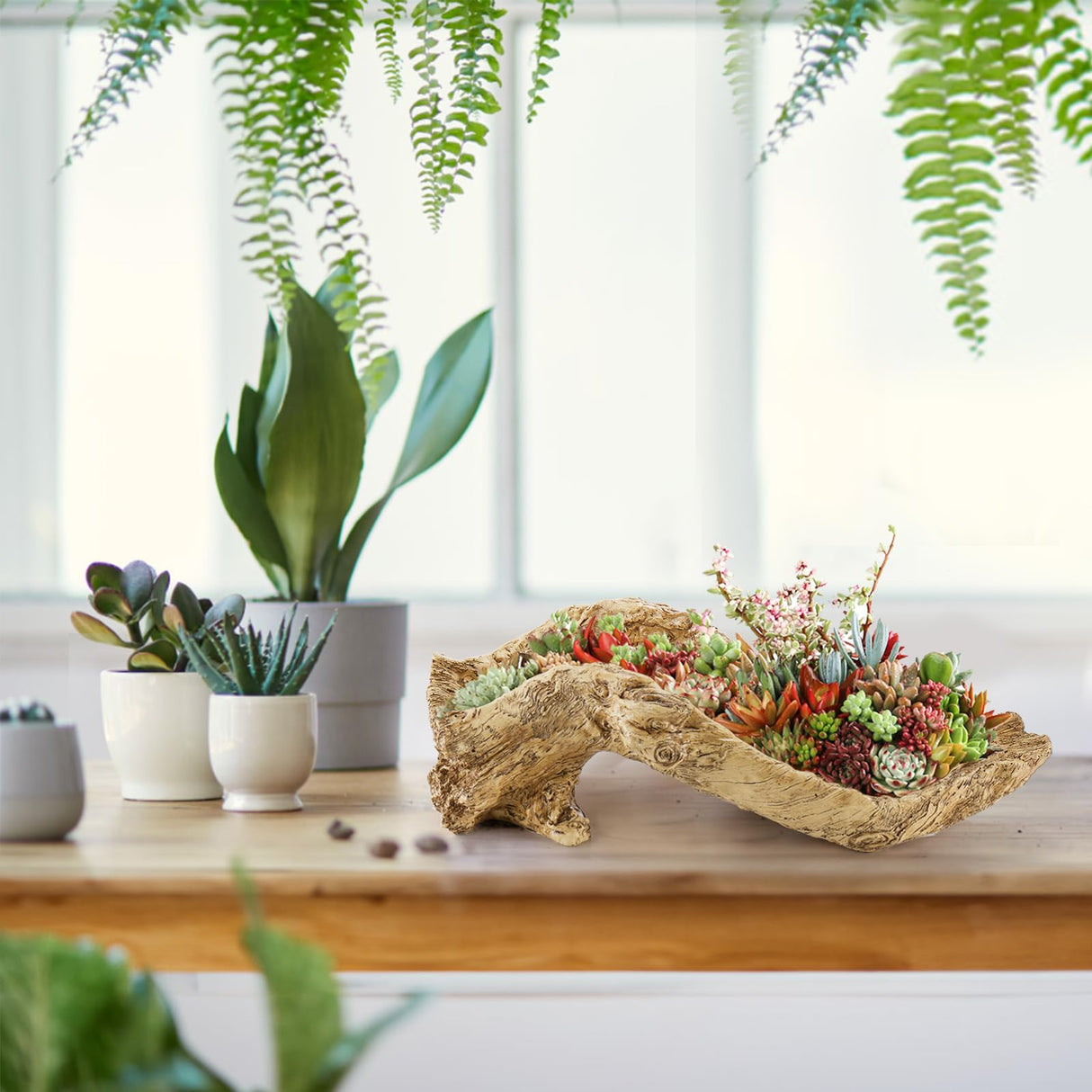 Pumtus Artificial Driftwood Planter, 16''L x 5''W x 5''H Sculpture Resin Succulent Flower Pot, Creative Imitation Wood Stump Log Bonsai Plant Pot, Cactus Container with Drainage Hole for Garden Pumtus