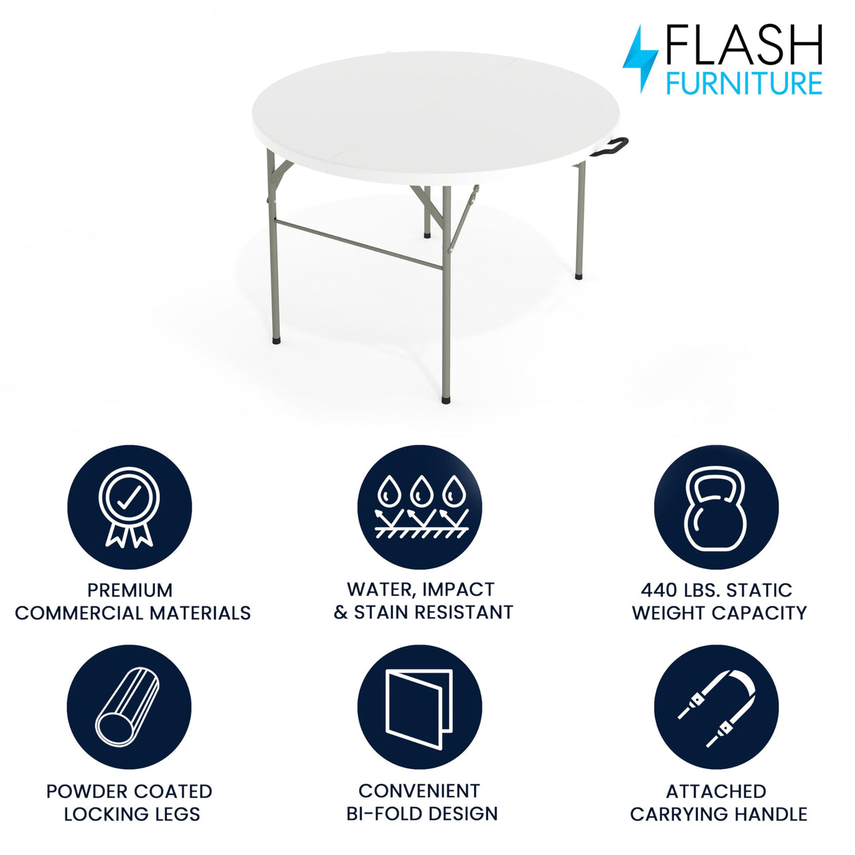 Flash Furniture Freeman 4' Round Plastic Folding Event Table with Carrying Handle, Bi-Fold Portable Banquet Table for Indoor/Outdoor Events, White Flash Furniture