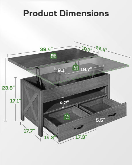 Marsail Lift-Top Coffee Table, 4-in-1 Multi-Functional Center Table with Hidden Compartment, 2 Drawers & Open Shelf, Adjustable Height for Living Room Office, Gray Marsail