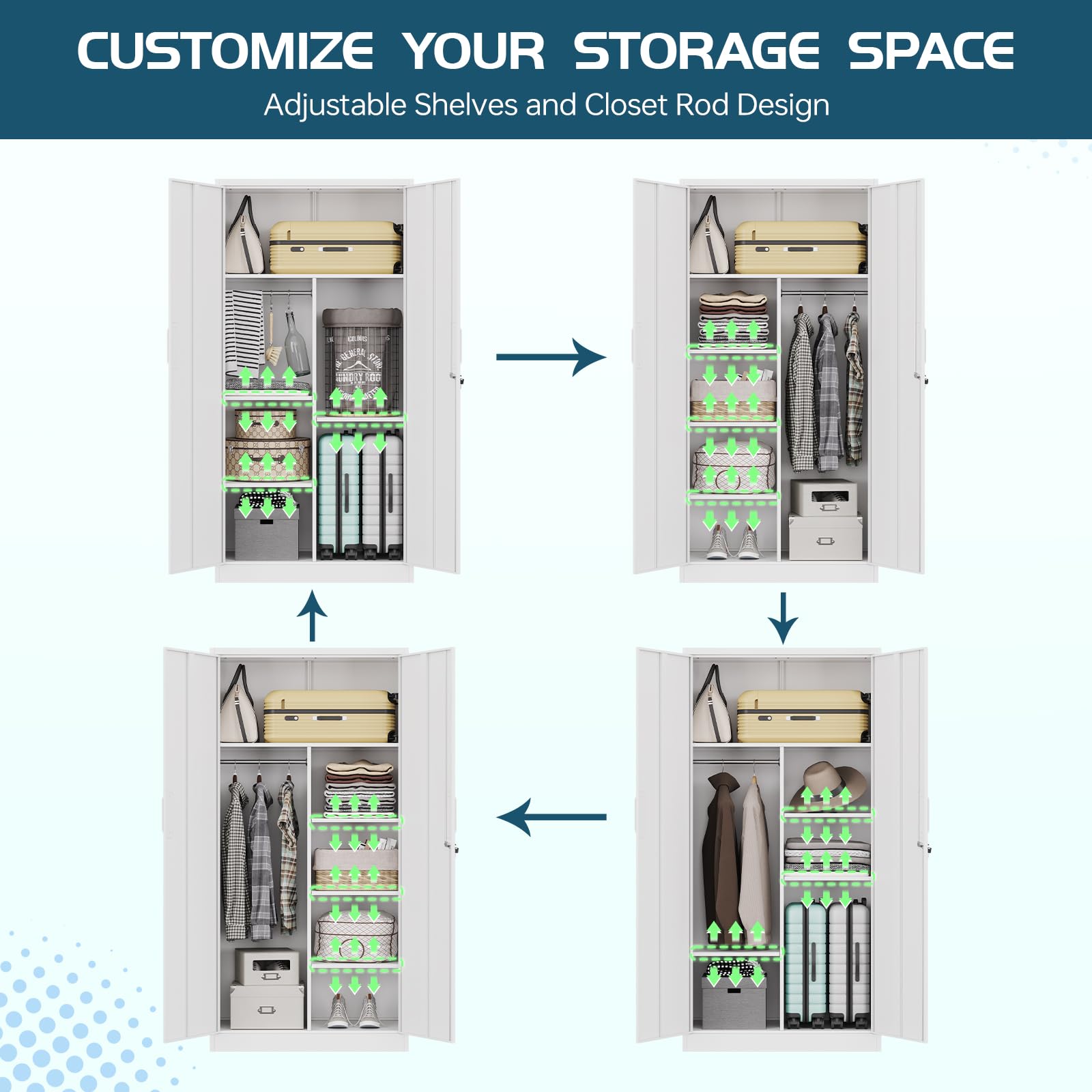 MIIIKO Steel Wardrobe, 72" Combination Storage Cabinet with Clothes Rod and 4 Shelves Organizer Storage, 2 Lockable Doors, for Office Home, Garage, - WoodArtSupply