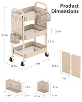 ALVOROG 3 Tier Rolling Cart with DIY Pegboards Metal Utility Cart with Wheels Handles Baskets Hooks, Craft Cart for Office Kitchen Bathroom(Khaki) ALVOROG
