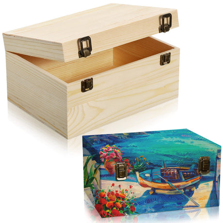 2 Pcs Unfinished Wood Box Natural Large Wooden Box 13 x 9.8 x 6.3 in, 10.6 x 7.9 x 5.5 in Pine Art Storage Boxes with Hinged Lid and Front Clasp for DIY Craft Hobbies Home Jewelry Keepsake Treasure Reginary