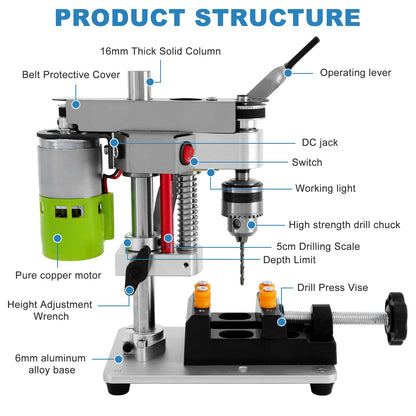 MXBAOHENG Mini Desktop Drill Press 7-speed Micro Drill Press with Work Light for Wood, Crafts and Jewelry Making, Small Table Drilling Machine 795 Motor B10 Chuck, with Belt and Motor Protect - WoodArtSupply