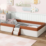 PU Upholstered Floor Bed with Fence and Stairs, Twin Floor Bed with Slats, Montessori Floor Bed for Kids, Girls, Boys, Twin Size Montessori Bed (Brown+White) Bellemave