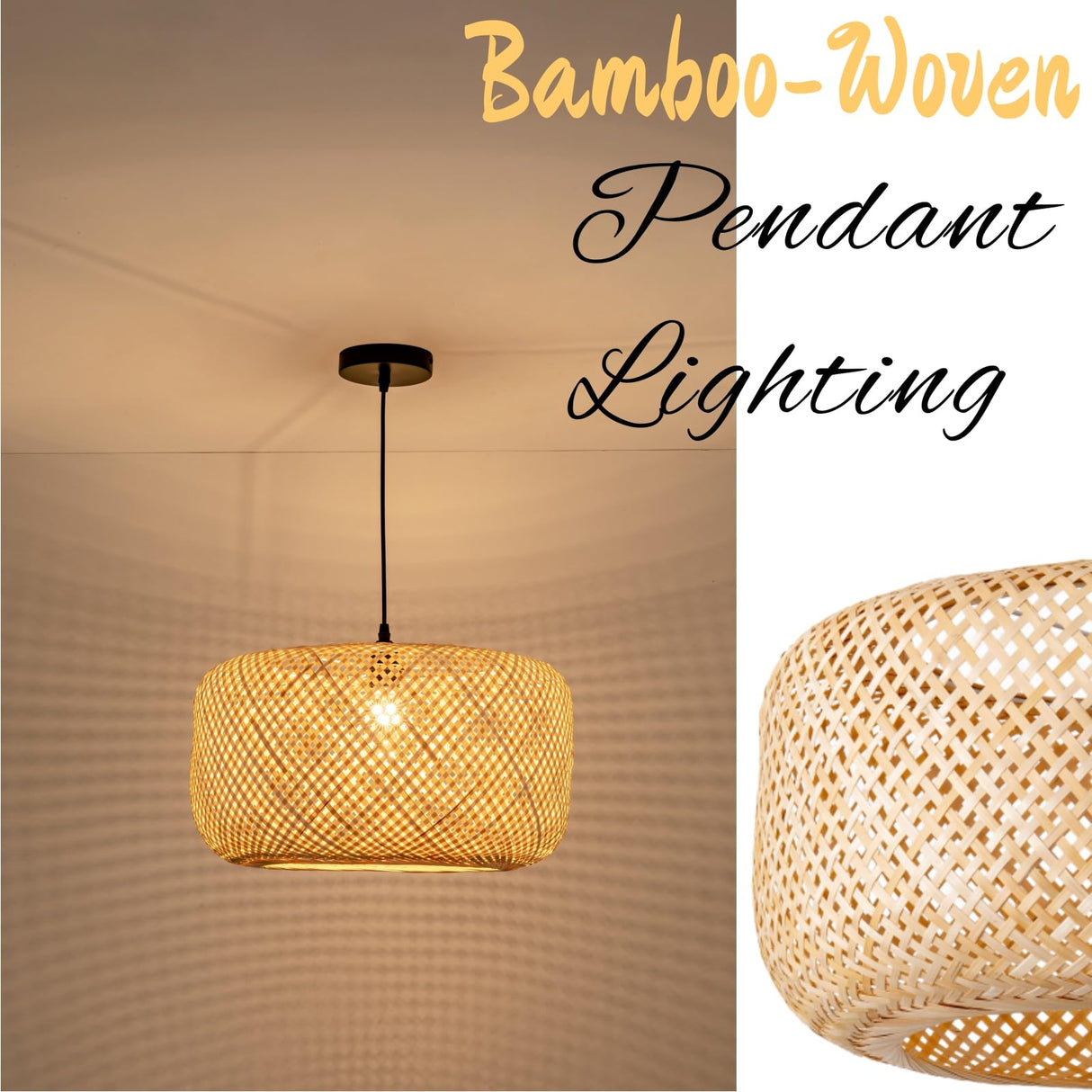 LUJOGUID 17.72in Bamboo Drum Light Rattan Wicker Hand Woven Lighting Fixture Boho Coastal Beach Chandelier Hanging Basket Lights for Kitchen Island Dining Room Restaurant Hallway Foyer LUJOGUID