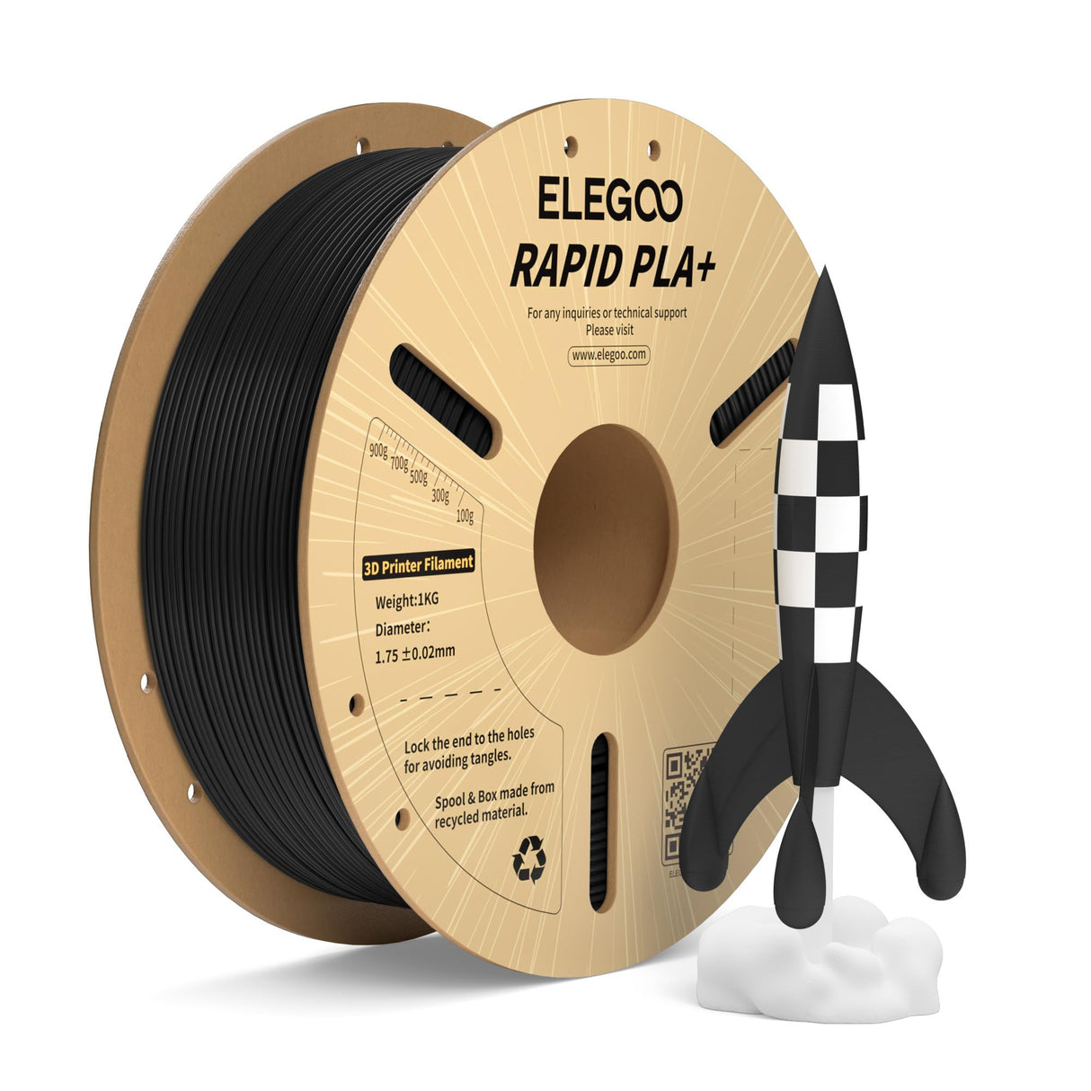 ELEGOO Rapid PLA Plus Filament 1.75mm Black 1KG, PLA+ 3D Printer Filament for 30-600 mm/s High Speed Printing, Dimensional Accuracy +/- 0.02 mm, 1kg Cardboard Spool(2.2lbs) ELEGOO