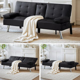 Futon Sofa Bed Convertible Loveseat Sleeper Couch Modern PU Leather Upholstery Folding Recliner Sofá, Small 2 Seaters Futon Sofa&Couch, Accent Couches with Cup Holders for Living Room Osparple