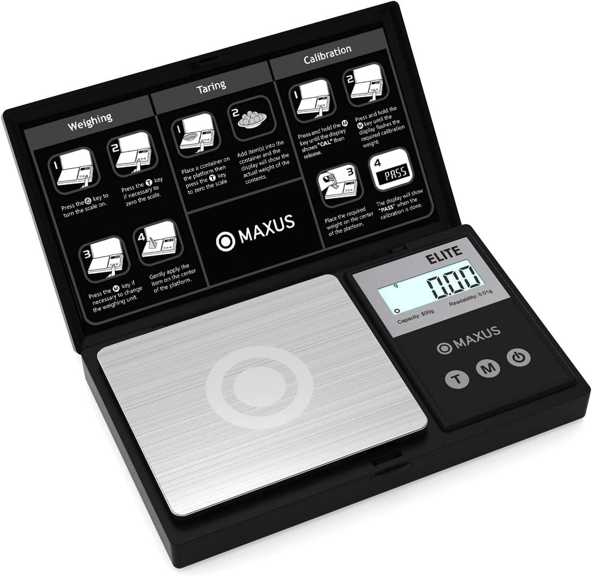 MAXUS Digital Pocket Gram Scale 500g x 0.01g High Precision with Tray, Weighs Small Food, Jewelry, Ounces, Grains, LCD Display, Tare Function MAXUS