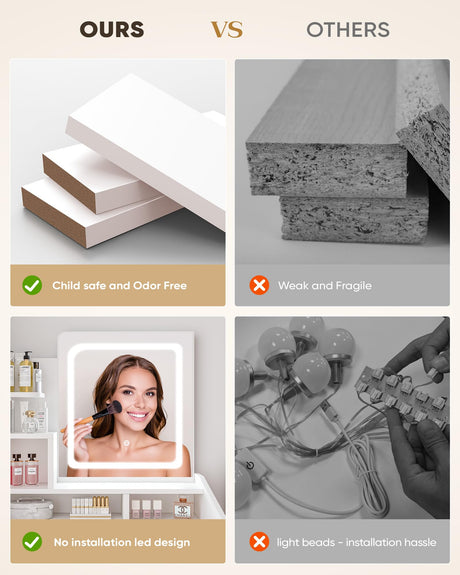 LIVELYGLOW Small Vanity Desk Set with Square Mirror and Light- Vanity Desk with Drawer- White LIVELYGLOW