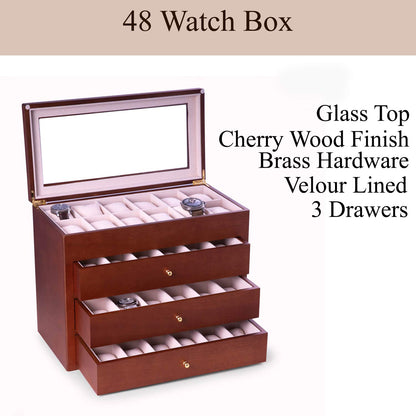 Bey-Berk Custom Personalized Solid Wood Watch Box Organizer with Glass Display Top (48 Watches) - WoodArtSupply