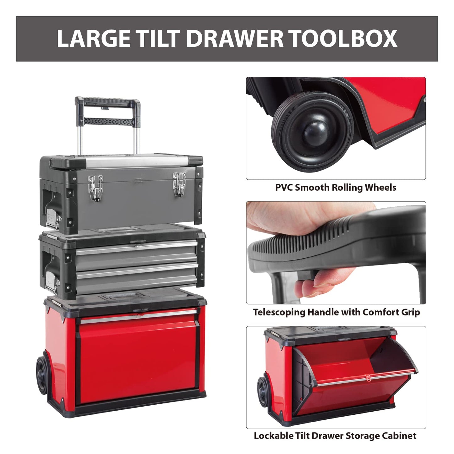 BIG RED Stackable Portable Metal Tool Box Organizer with Wheels and 2 Drawers, Rolling Upright Trolley Tool Chest for Garage or Workshop,Red,ATRJF-C305ABDR - WoodArtSupply