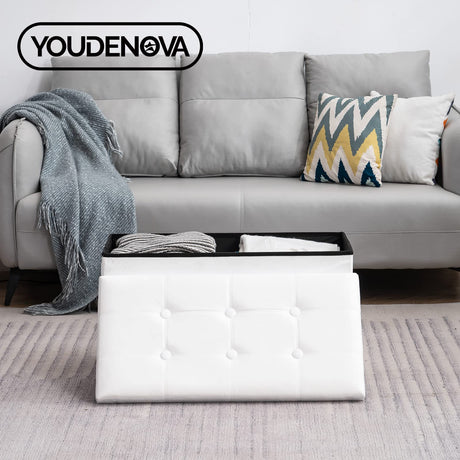 30 Inches Folding Storage Ottoman Bench, Velvet Storage Chest, Footrest Couch with Wooden Legs, Support 350lbs for Bedroom, Living Room, Hallway, White YOUDENOVA