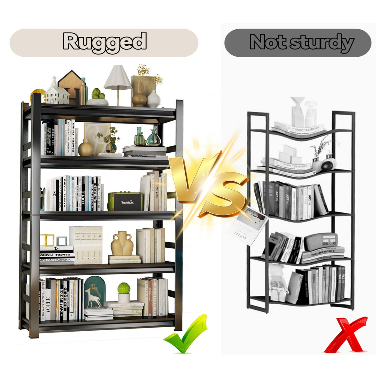 Book Shelf, 78 Tall Bookcase, 5-Tier Large Bookshelves, Metal Shelf for Books, Adjustable Book Shelves for Living Room, Display Shelf for CDs/Books/Movies, 47.24" W*18" D*78" H, Black BEESTMUEBLE