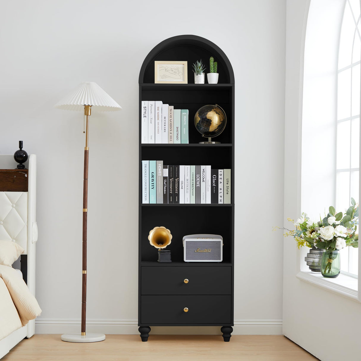 YUCHIATH 75.59" H Arched Bookcase, 4-Tier Arched Cabinet Bookcase with Drawer and Shelves, Accent Display Cabinet with 2 Drawer Storage for Living Room, Reading Room and Bedroom (Black) YUCHIATH