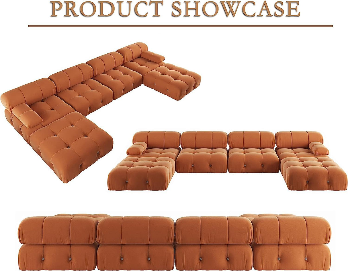 JACH U-Shaped Modular Sectional Couch, 138"" Minimalist Velvet Sofas, Convertible Couches, Mid-Century Modern Sectional Sofa with Chaise Ottomans for Living Room Apartment (Orange), 105OR-U-U JACH
