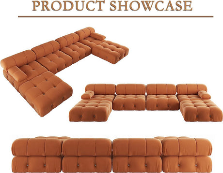 JACH U-Shaped Modular Sectional Couch, 138"" Minimalist Velvet Sofas, Convertible Couches, Mid-Century Modern Sectional Sofa with Chaise Ottomans for Living Room Apartment (Orange), 105OR-U-U JACH