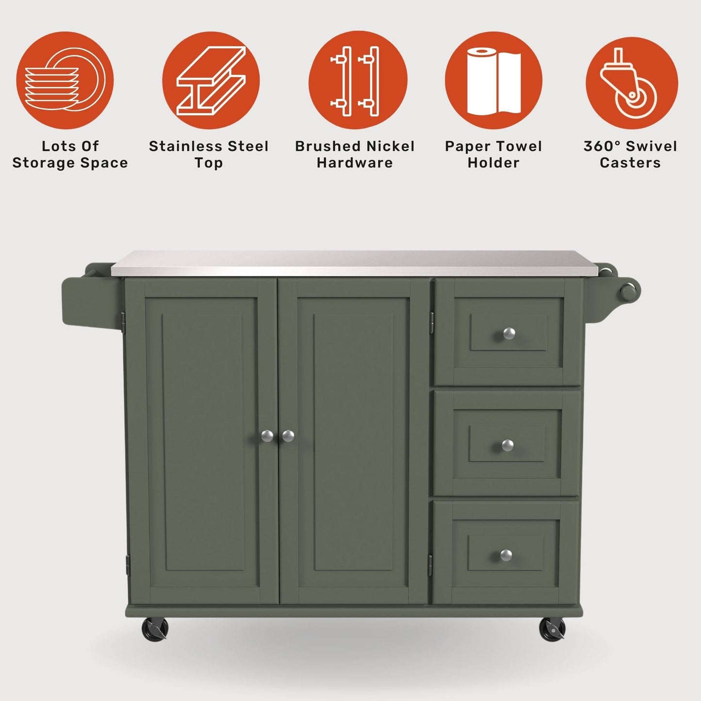 Homestyles Mobile Kitchen Island Cart with Stainless Steel Top, Sage Green - WoodArtSupply