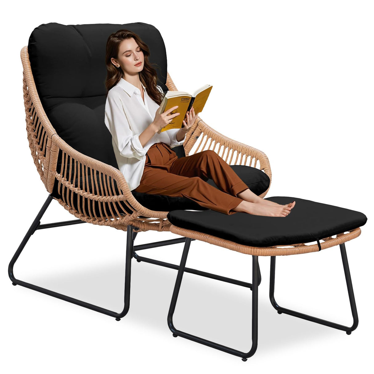 HOMEZILLIONS Outdoor Wicker Papasan Egg Chair with Ottoman, Patio Basket Lounge Chair Indoor Egg-Shaped Rattan Reading Lounger with Thick Cushion for Living Room Bedroom Balcony Porch, Black HOMEZILLIONS