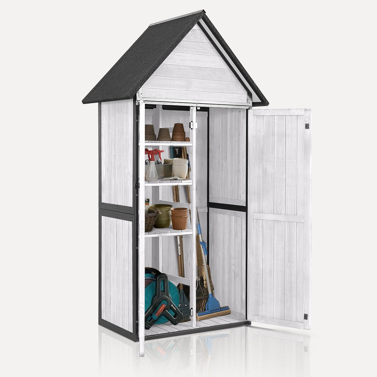 MEDEHOO Outdoor Storage Shed with Floor and Waterproof Roof - Metal Framed Tool Cabinet with Adjustable Shelves - Double Lockable Doors for Backyard, Garden, Patio (Off-White) MEDEHOO