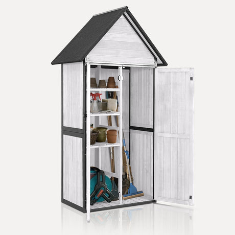 MEDEHOO Outdoor Storage Shed with Floor and Waterproof Roof - Metal Framed Tool Cabinet with Adjustable Shelves - Double Lockable Doors for Backyard, Garden, Patio (Off-White) MEDEHOO