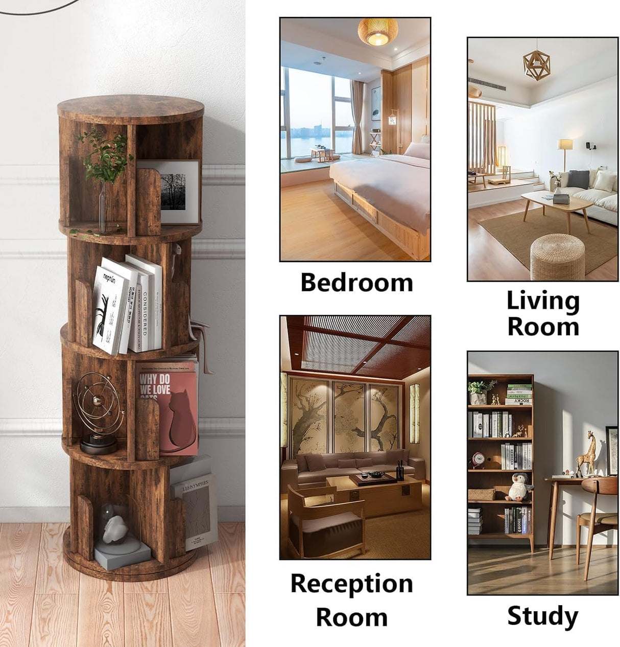 Breezestival 360° Rotating Bookcase, Small Corner Bookcase with a Footprint, Free Standing Bookshelf (4 Tier, Dark Brown) Breezestival