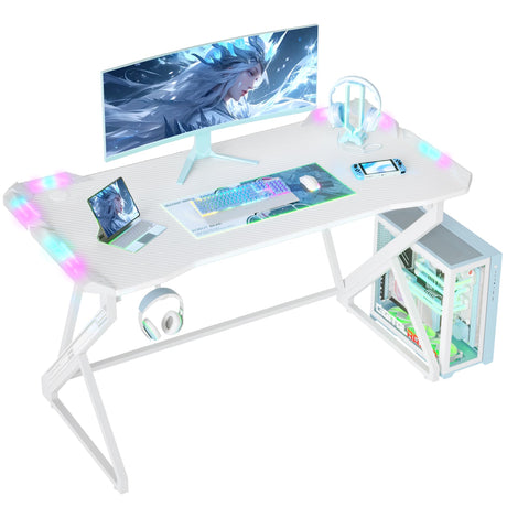 TIQLAB Small Gaming Desk with LED Lights, 40 Inch Computer Desk for Home Small Space, Gaming Table with Carbon Fiber Surface, PC Gamer Desk for Kids Boys Men, White TIQLAB