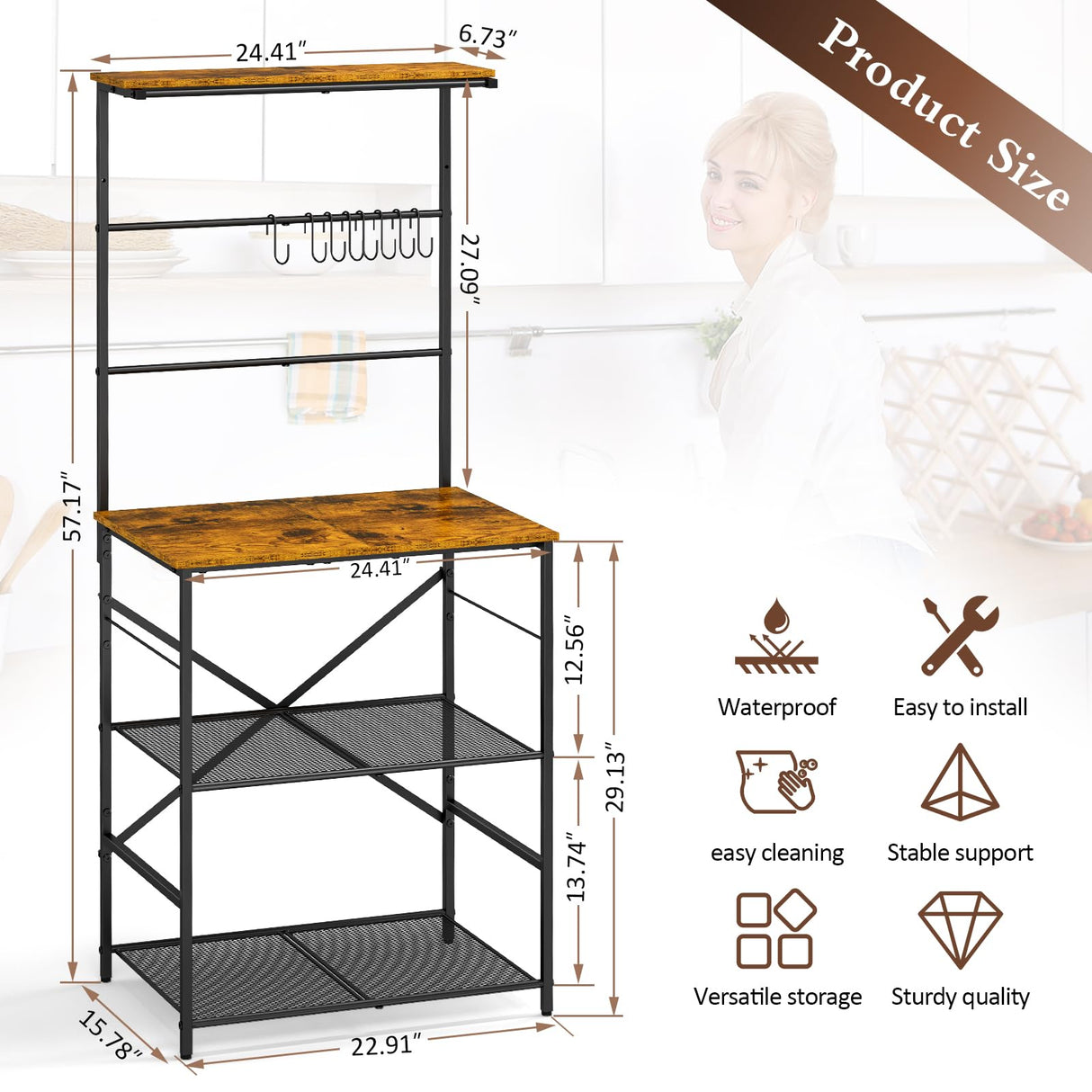 4 Tier Coffee Bar Station, Coffee Stand with 8 S-Shaped Hooks, Large Space Coffee Station Table, Farmhouse Coffee Bar Shelf, Bakers Rack for for Kitchen, Living Room, 24.41" W x 15.78" D x 57.17" H DAOUTIME