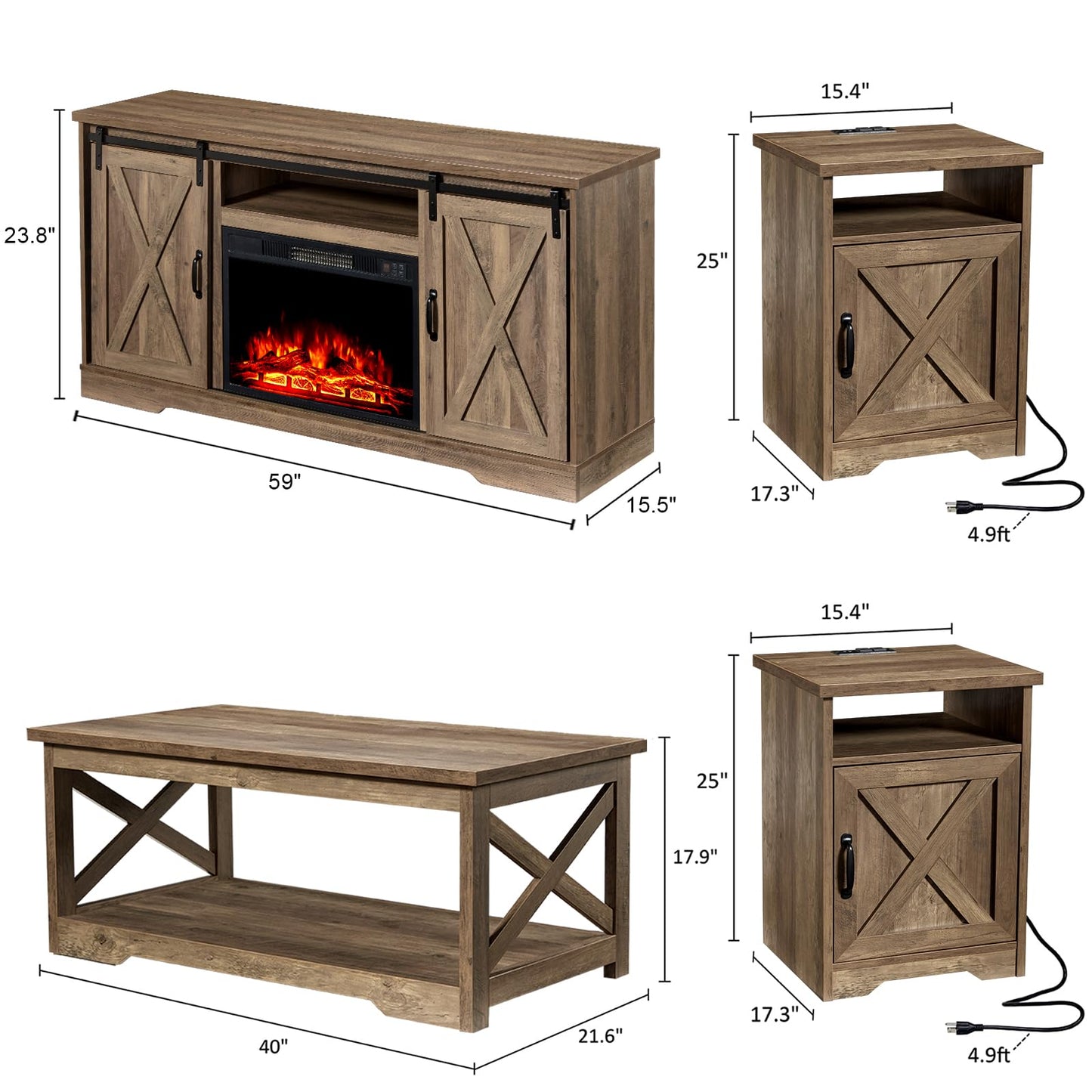 AMERLIFE 5-Piece Farmhouse Table Set Includes Fireplace TV Stand, Coffee Table& Two End Tables with Charging Station and USB Ports, for Living Room, Barnwood - WoodArtSupply