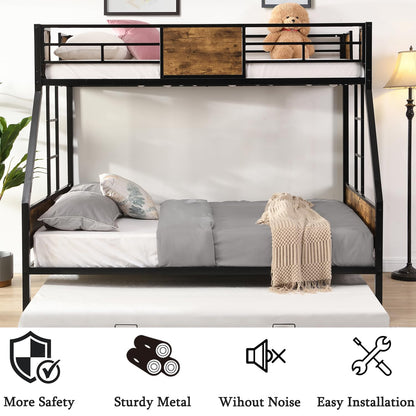 ZMIZAKOY Twin Over Full Bunk Beds with Trundle Bed,Heavy Duty Metal Bed Frame with Safety Rail 2 Side Ladders for Boys Girls Adults,Triple Bunk Bed No Box Spring Needed Space-Saving(Black)