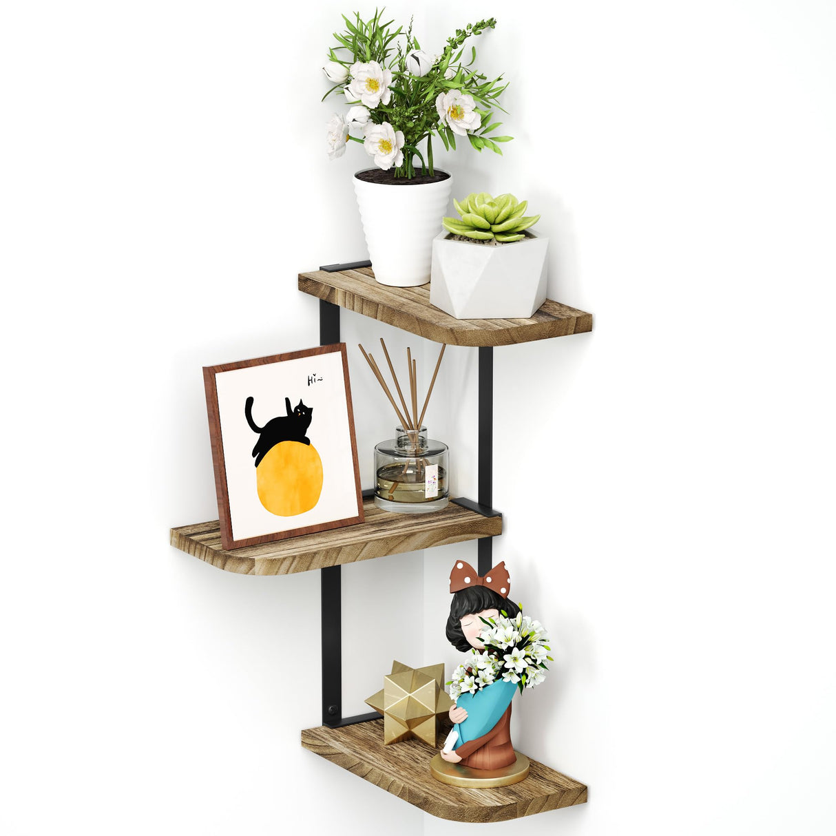 Love-KANKEI Corner Shelf Wall Mount of 3 Tier Rustic Wood Floating Shelves for Bedroom Living Room Bathroom Kitchen Office and More Carbonized Black Love-KANKEI