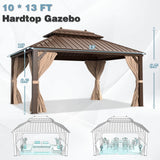 MELLCOM 10' x 13' Hardtop Aluminum Gazebo, Galvanized Steel Double Roof Metal Gazebo with Aluminum Frame, Brown Permanent Patio Gazebo with Curtains and Netting for Patios, Gardens, Lawns MELLCOM