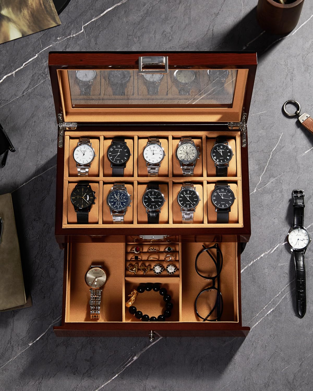 Homruilink 10-Slot Wooden Watch Box, Wood Watch Case with Drawer, Watch Display Box with Glass Lid, 2-Layer Watch Holder for Jewelry and Watch Storage for Men Women Homruilink
