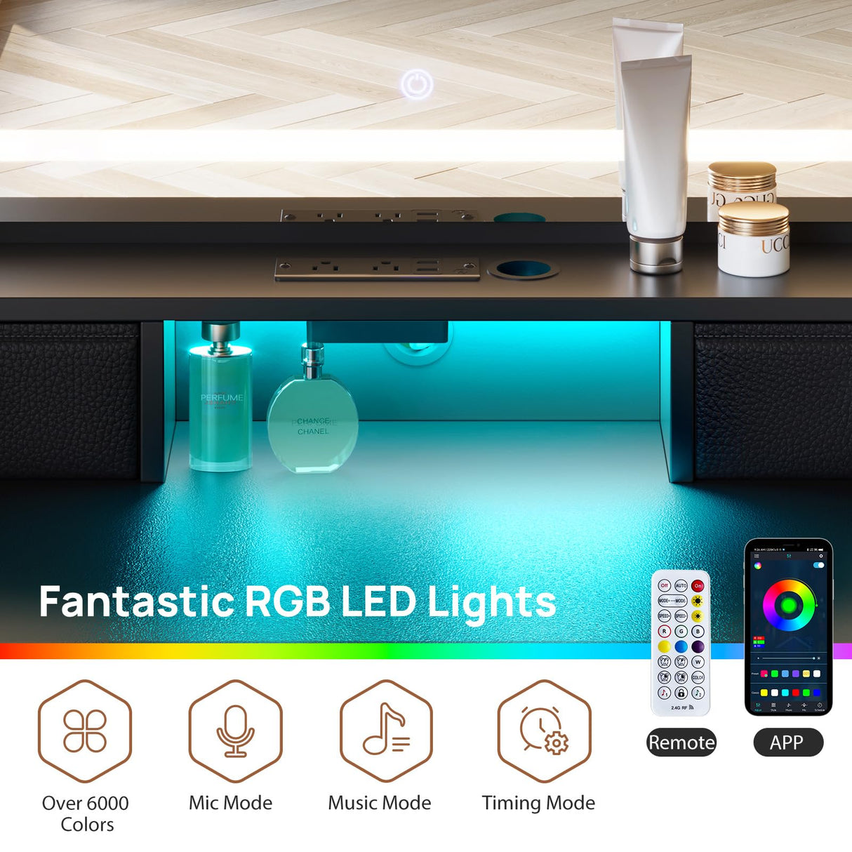 Rolanstar Vanity Desk with LED Lighted Mirror, Makeup Vanity with 4 Fabric Drawers, Power Outlet, Modern Vanity Desk for Bedroom & Dressing Room, Black Rolanstar