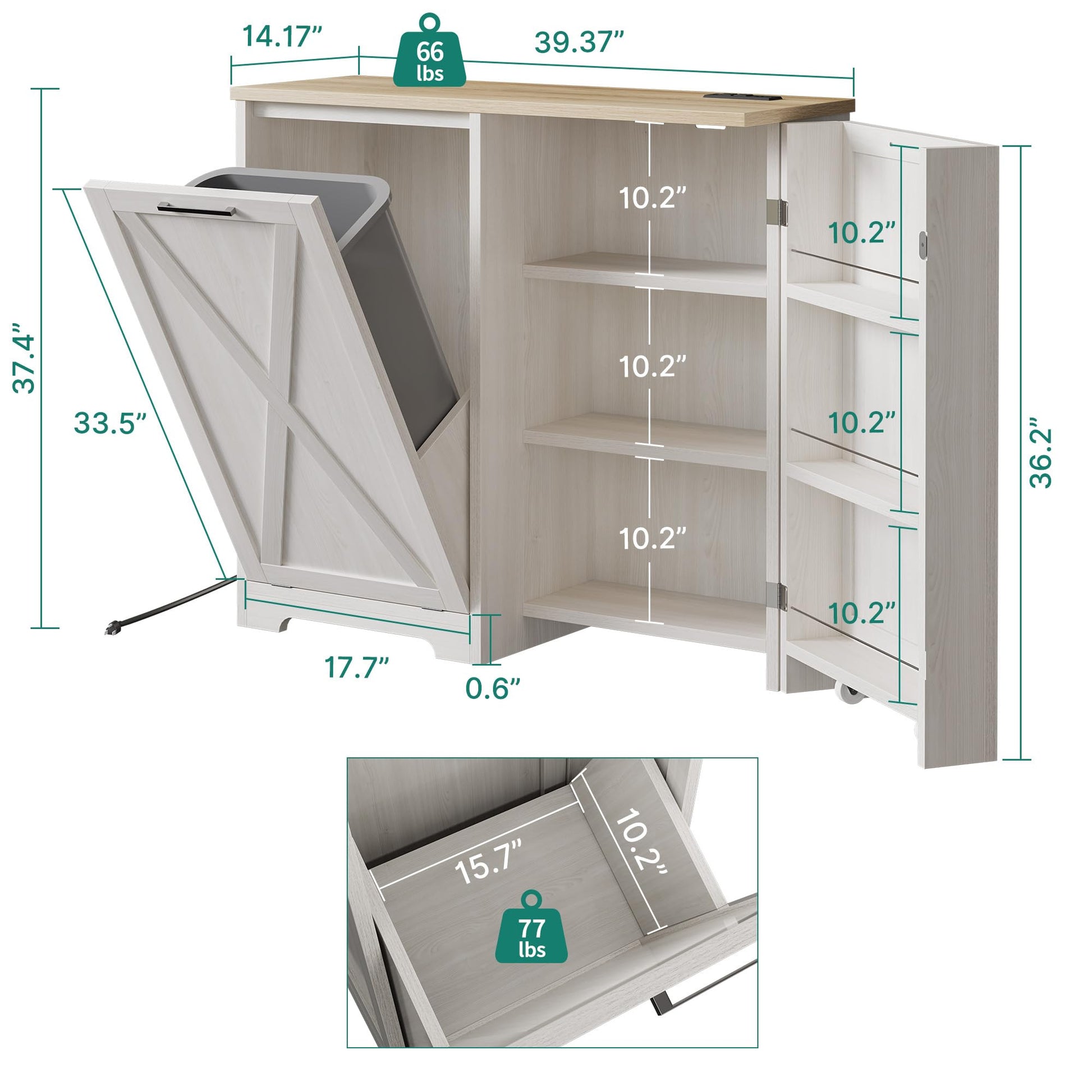 DWVO 13 Gallon Tilt Out Trash Bin Cabinet with Outlet Adjustable Shelves, Kitchen Pantry Storage Cabinet with Garbage Bin Tilt Out Laundry Hamper for Kitchen, 39.4” W x 14” D x 36.8” H Off Wh - WoodArtSupply