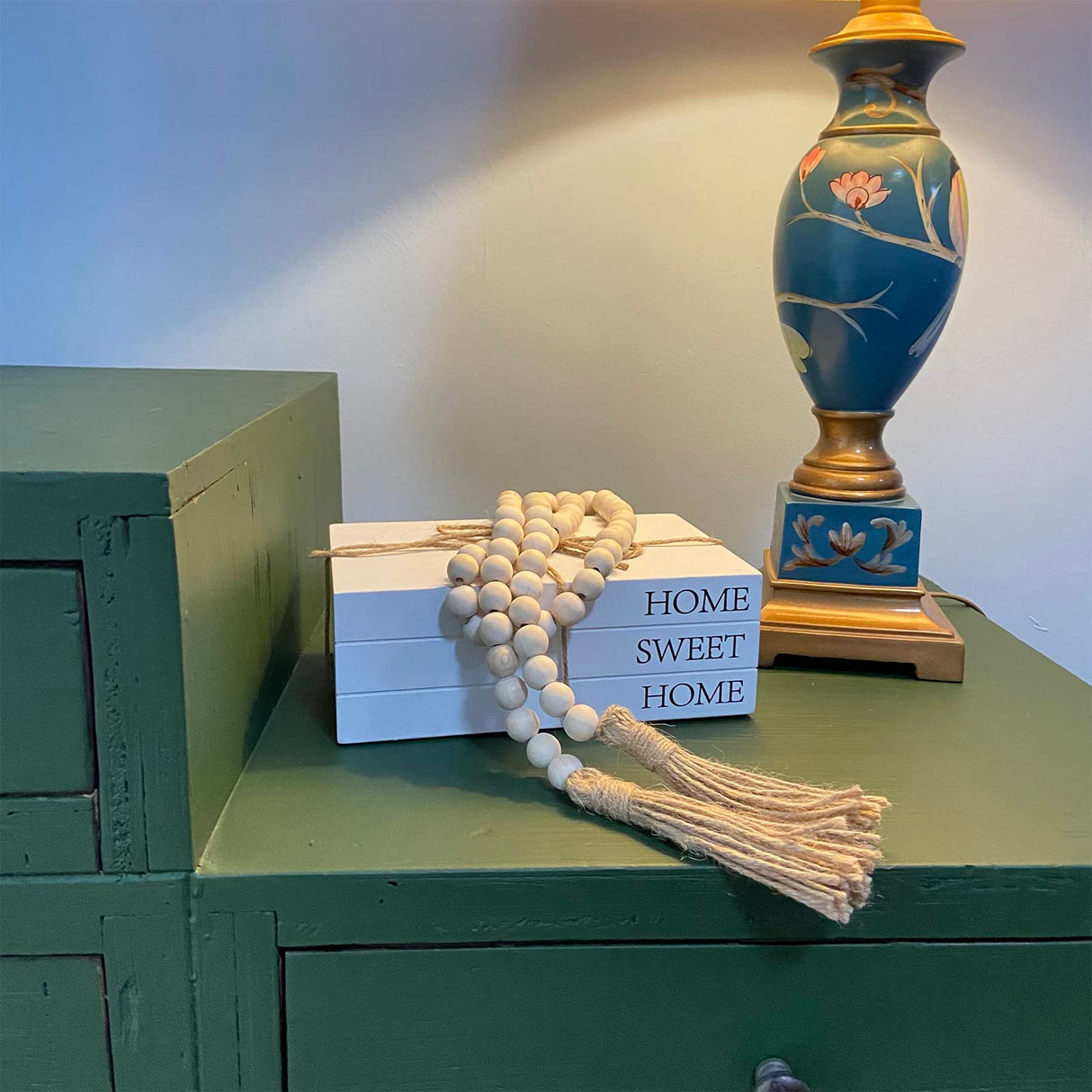 Decorative Books for Home Decor, White Faux Books for Decoration, Rustic Farmhouse Stacked Display Books with 52in Wood Bead Garland for Coffee Tables Living Room, (Home Sweet Home) OMISHE