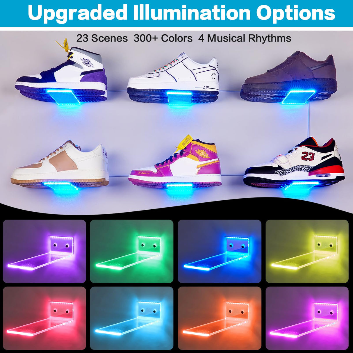 DILIBRA Set of 6 Floating Shoe Display Shelf with Lights, Glow Color Changing Clear Acrylic Shoe Shelf for Wall, Levitating Sneaker Shelves Wall Mount for Display Your Top Shoes Collection DILIBRA