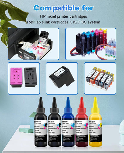 JoyPrinting Ink Refill Kit for HP Printer Cartridges HP 67 60 61 62 63 65 950 951 952 962 920 901 902 932 933 934 940 Refillable Ink Cartridges CISS System (5 x 100ml, Black, Cyan, Magenta, Yellow)